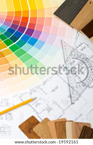 Abstract background from color guide,  samples of materials and the house plan