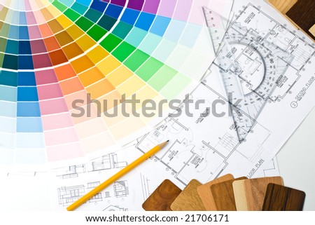 Abstract background from color guide,  samples of materials and the house plan