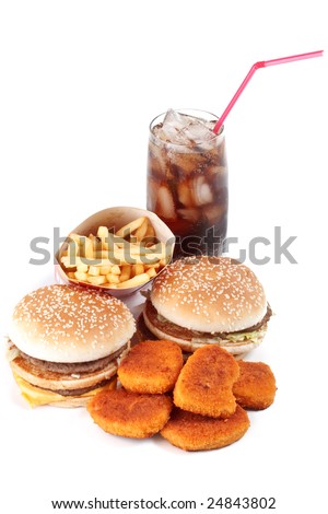 chicken nuggets and fries. stock photo : Hamburger, french fries, chicken nuggets and cola on a white background