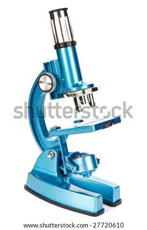 Close up of a blue microscope on a white background