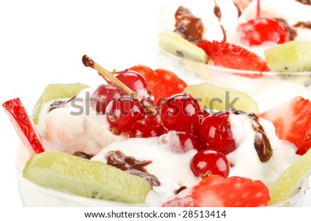 Ice-cream with fruit on a white background