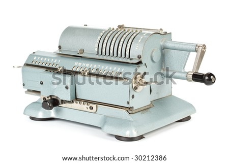 Vintage mechanical adding machine on a white background