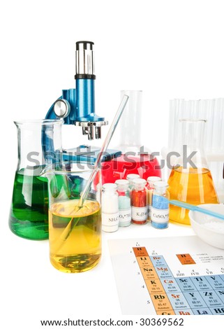 Laboratory ware, microscope and reagents on a white background