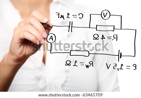 A picture of a teacher during a lecture in physics over white background