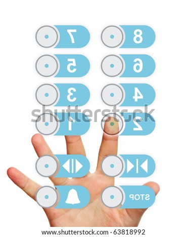 A picture of a hand touching elevator panel over white background