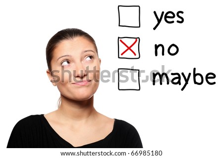 A portrait of a young woman voting for no over white background