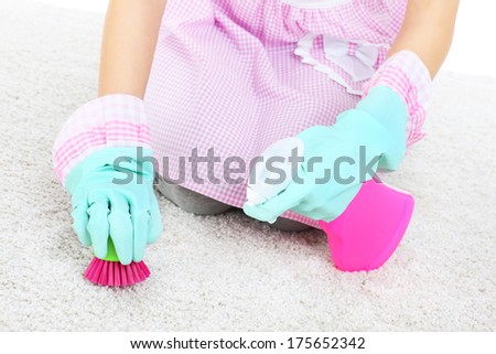 A picture of a woman cleaning stains on a carpet