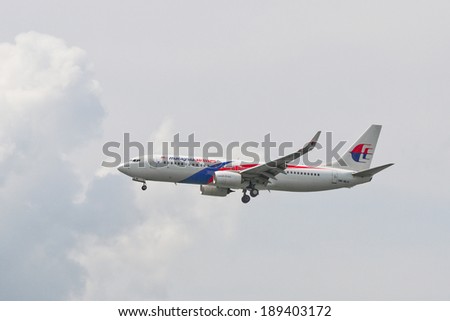 Hong Kong, China - MAY 24 : Malaysia Airlines Landing to HK International Airport HKIA  on May 24 2013 in Hong Kong, China.