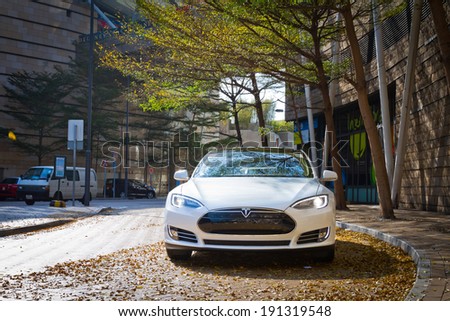Hong Kong, China Feb 6, 2013 : Tesla Model S Electronic Car test drive on Feb 6 2013 in Hong Kong.