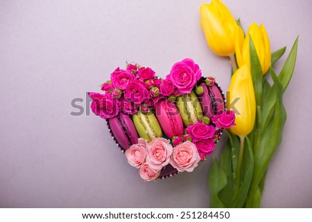 present box with flowers macaroons and tulips  backgroundfor valentines mother day easter with love