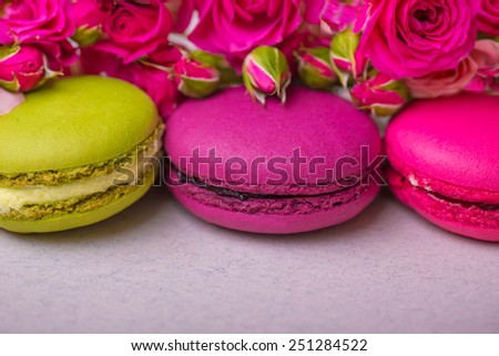 spring berry color macaroons with roses background for valentines mother woman day easter with love
