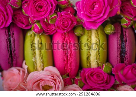 spring berry color macaroons with roses background for valentines mother day easter with love