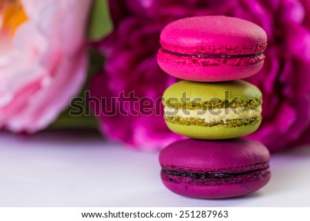 berry spring color macaroons with roses background for valentines mother woman day easter with love