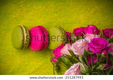 berry spring color macaroons with roses yellow background for valentines mother day easter with love
