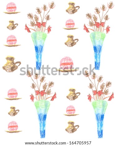 A seamless pattern with different vases and a jug and dry flowers, elements are hand drawn in oil pastels