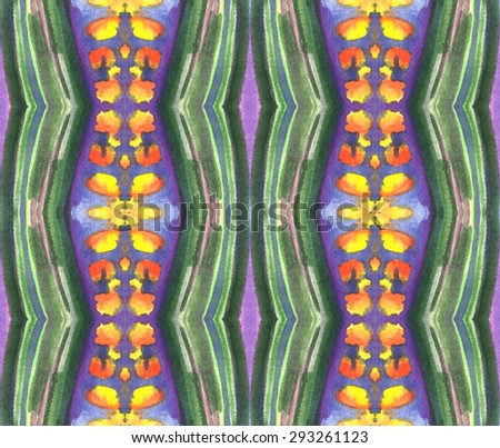 A green, blue and yellow bright seamless watercolor abstract tribal pattern
