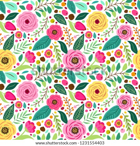 Cute retro seamless pattern with hand drawn rustic flowers