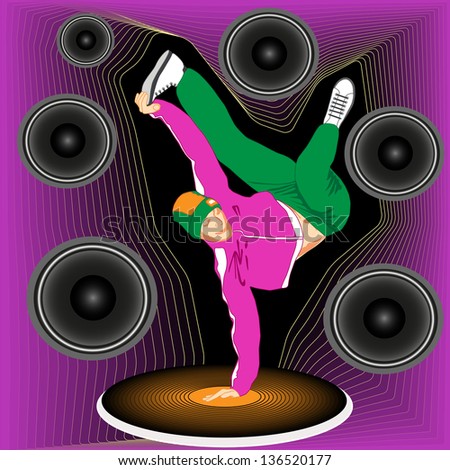 Young break dancer shows freeze during battle or party on abstract background with loudspeakers and vinyl player
