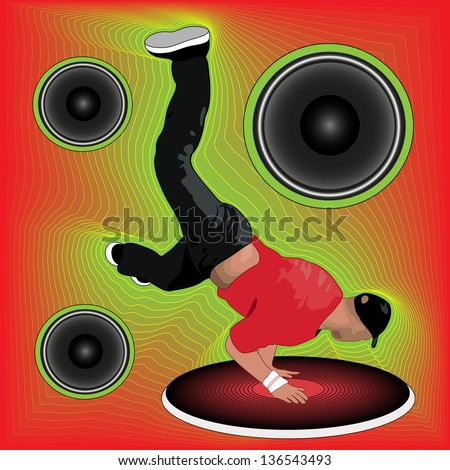 Young break dancer in blank rap cap shows power moves during battle or party on abstract background with loudspeakers and vinyl player