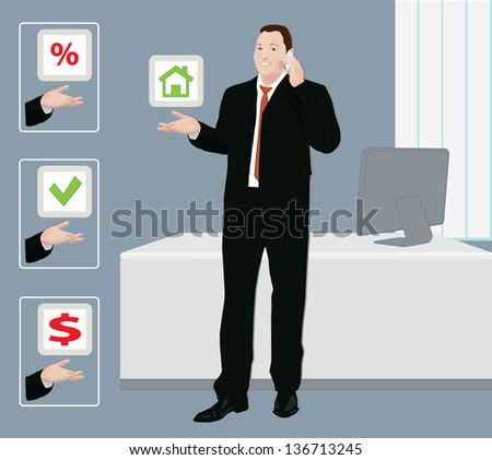 Smiling successive businessman or bank clerk or insurance agent offers to a viewer solving problems or help to make right solution, to achieve goals or way out of a labyrinth, brunette in black suit
