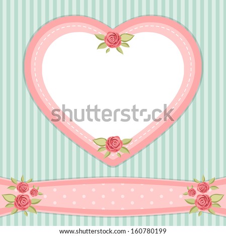 Vintage floral frame as a heart with roses in shabby chic style on striped background