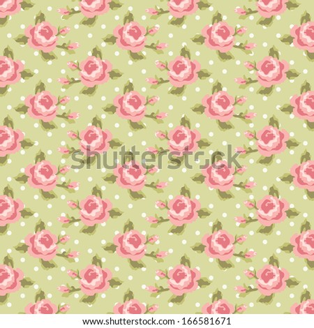 Retro pattern with shabby chic roses on polka dot  background