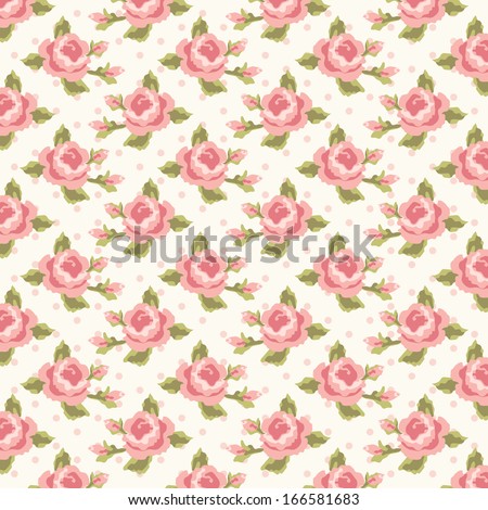 Retro pattern with shabby chic roses on polka dot  background