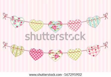 Festive garland for valentines day with fabric handmade hearts of different ornaments in shabby chic style Festive garland for valentines day with fabric handmade hearts of different ornaments in shabby chic style