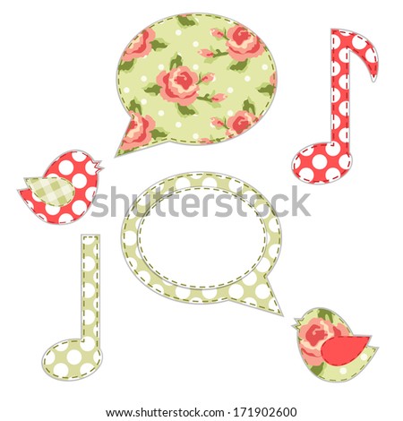 Cute fabric paradise birds with speech bubble as applique in shabby chic style for scrap booking or spring sale or baby shower etc