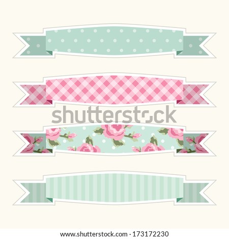 Set of fabric retro ribbons as banners in shabby chic style