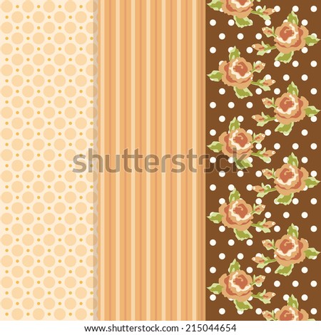 Set of three retro patterns in shabby chic style: polka dot, striped and with roses