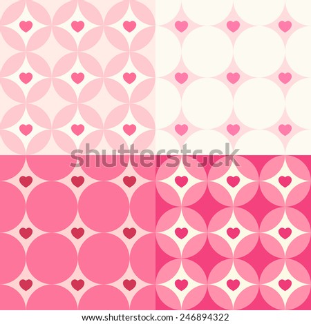 Set of four retro seamless patterns with hearts, circles and stars