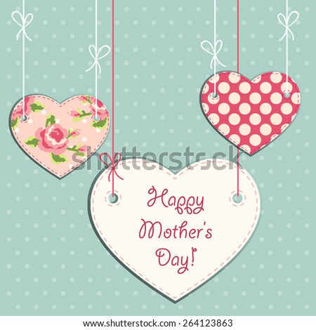 Beautiful vintage Mother\'s Day card with hearts on strings in shabby chic style