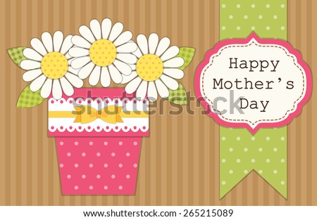 Cute retro card for Mother\'s Day with flowers in a pot as scrapbook paper craft