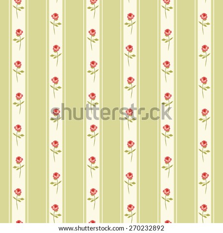 Retro pattern with shabby chic roses on striped background ideal for kitchen textile or bed linen fabric or interior wallpaper design