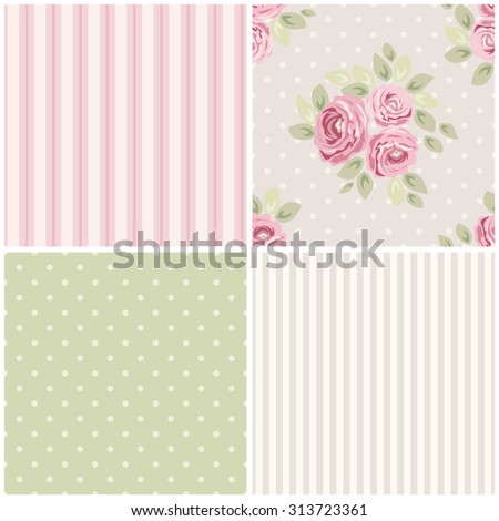 Set of cute seamless Shabby Chic patterns with roses, polka dot and striped, ideal for kitchen textile or bed linen fabric or interior wallpaper design, can be used for scrap booking paper etc
