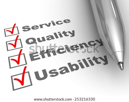 Engagements evaluation. Pen on evaluation form, with Service, Quality, Efficiency, Usability checked.