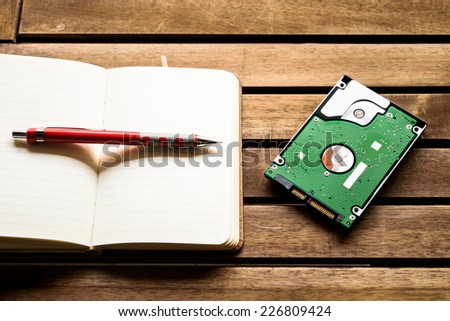 Concept image of memory to show by book, pencil and computer hard disk on the wood table