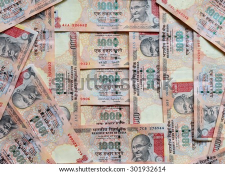 Indian currency or money 1000 Rupee notes, whole background