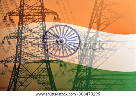 Indian Colorful flag merged with electric pylons of high power lines, showing development of India in power Sector