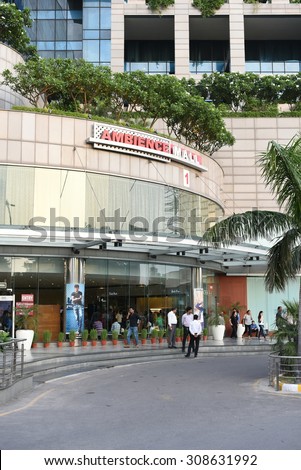 Gurgaon, Delhi, India: August 22nd 2015: Entrance gate of famous Ambience shopping mall in Gurgaon, mall is in the border of Gurgaon and Delhi, It is the biggest shopping mall in Delhi and NCR.