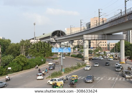 Gurgaon, Delhi, India: August 22nd 2015: Modern infrastructure offering better connectivity to public, City is well connected with modern roads, metro and rapid metro