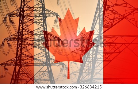 Canada or Canadian Flag merged with Electric pylons of high power lines, concept of money spend on electricity