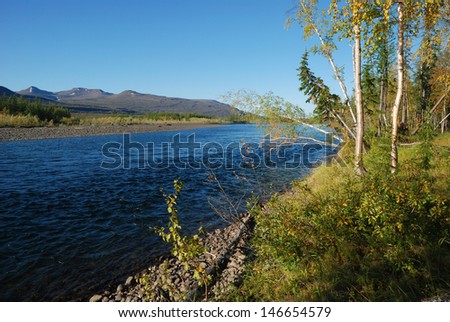 The river and its surroundings at the end of the summer. The Putorana Plateau, Russia, Taimyr Peninsula.