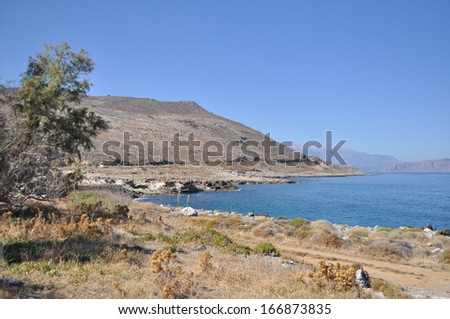 Sea summer landscape coast of the Greek island. Mediterranean sea, the island of Crete. Greece.