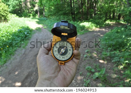 May, green forest and the path. With a compass in his hand before the fork.