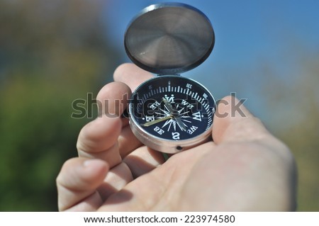 The compass in the palm of your hand. Open the compass helps not to get lost on a walk.