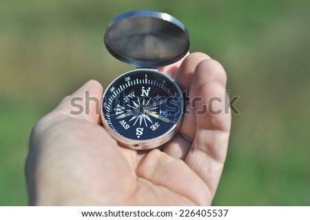 The compass in the palm of your hand. Open the compass helps not to get lost on a walk.