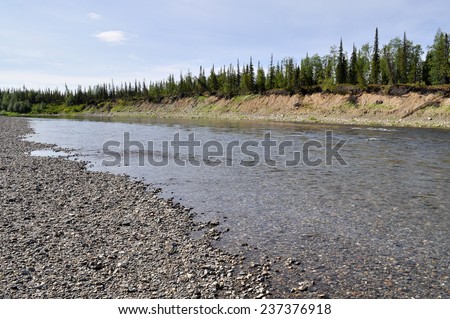 landscape of the Northern boreal river. River Lemva, Republic of Komi, Polar Urals, Russia.