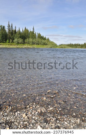 landscape of the Northern boreal river. River Lemva, Republic of Komi, Polar Urals, Russia.